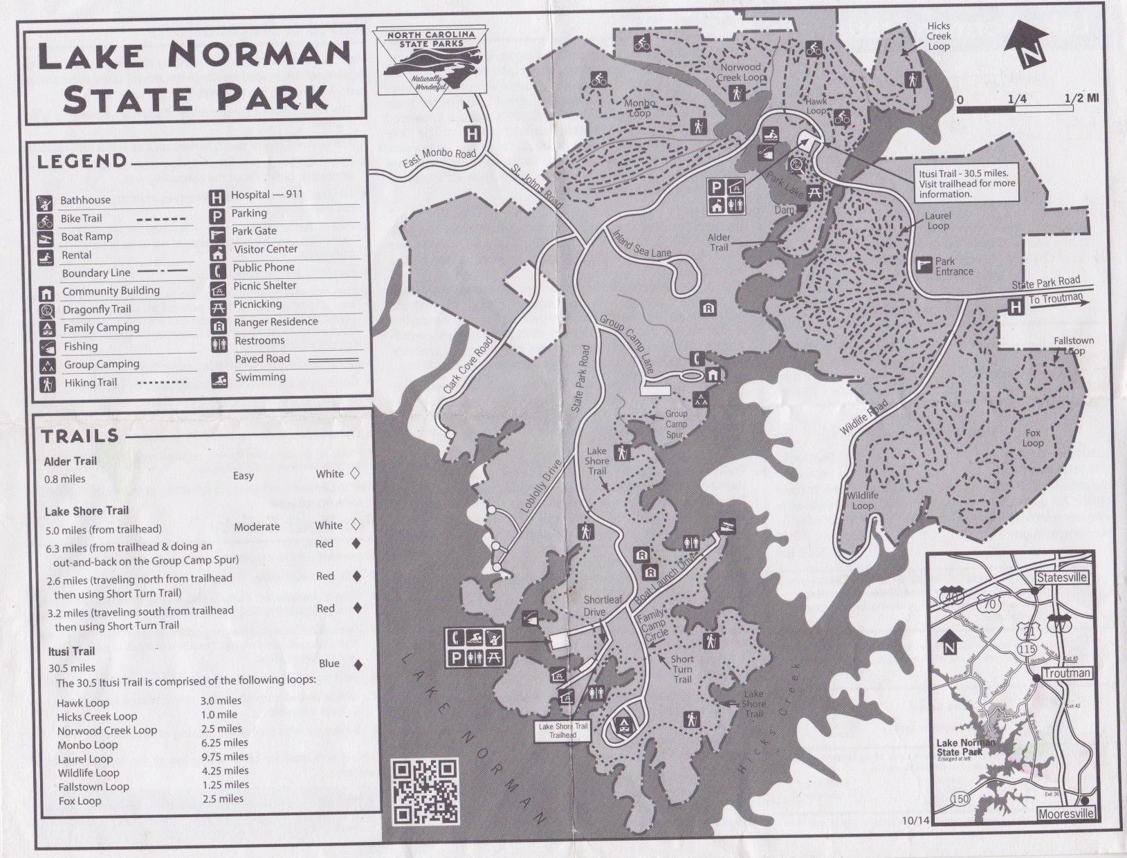 Map of Lake Norman State Park showing trails, facilities, and features. Includes a legend detailing various amenities like bathhouse, parking, picnic areas, and trails for hiking and biking. Key trails identified with difficulty ratings and distances, including Alder Trail, Lake Shore Trail, and the Itusi Trail. Also features an inset map for orientation. Itusi @ Lake Norman State Park mountain bike trail.