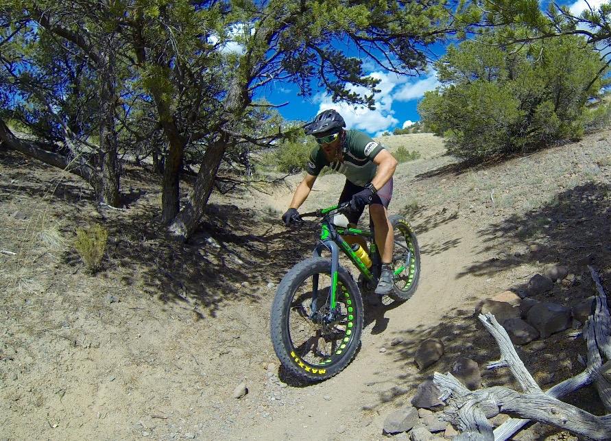 A cyclist riding a fat bike on a dirt trail surrounded by trees, navigating a curve in the path under a clear blue sky. The rider is wearing a helmet and sunglasses, showcasing a dynamic and active outdoor scene. Arkansas Hills mountain bike trail.