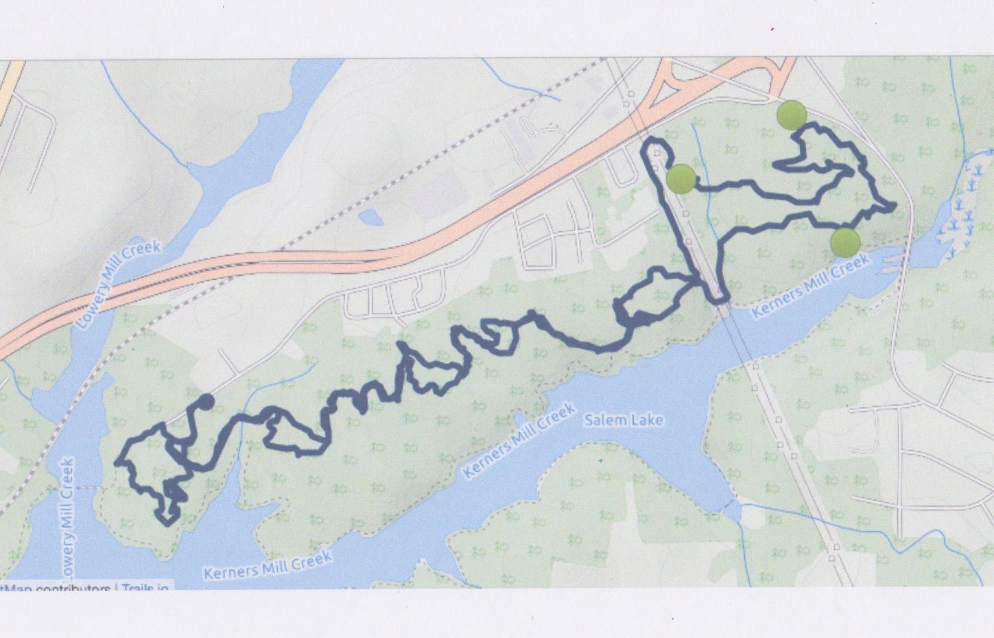 Map showing the trails along Kerners Mill Creek and Lowery Mill Creek, with marked locations in green. The trails are highlighted in dark blue, indicating winding paths through the surrounding natural landscape, including water bodies like Salem Lake. Salem Lake mountain bike trail.