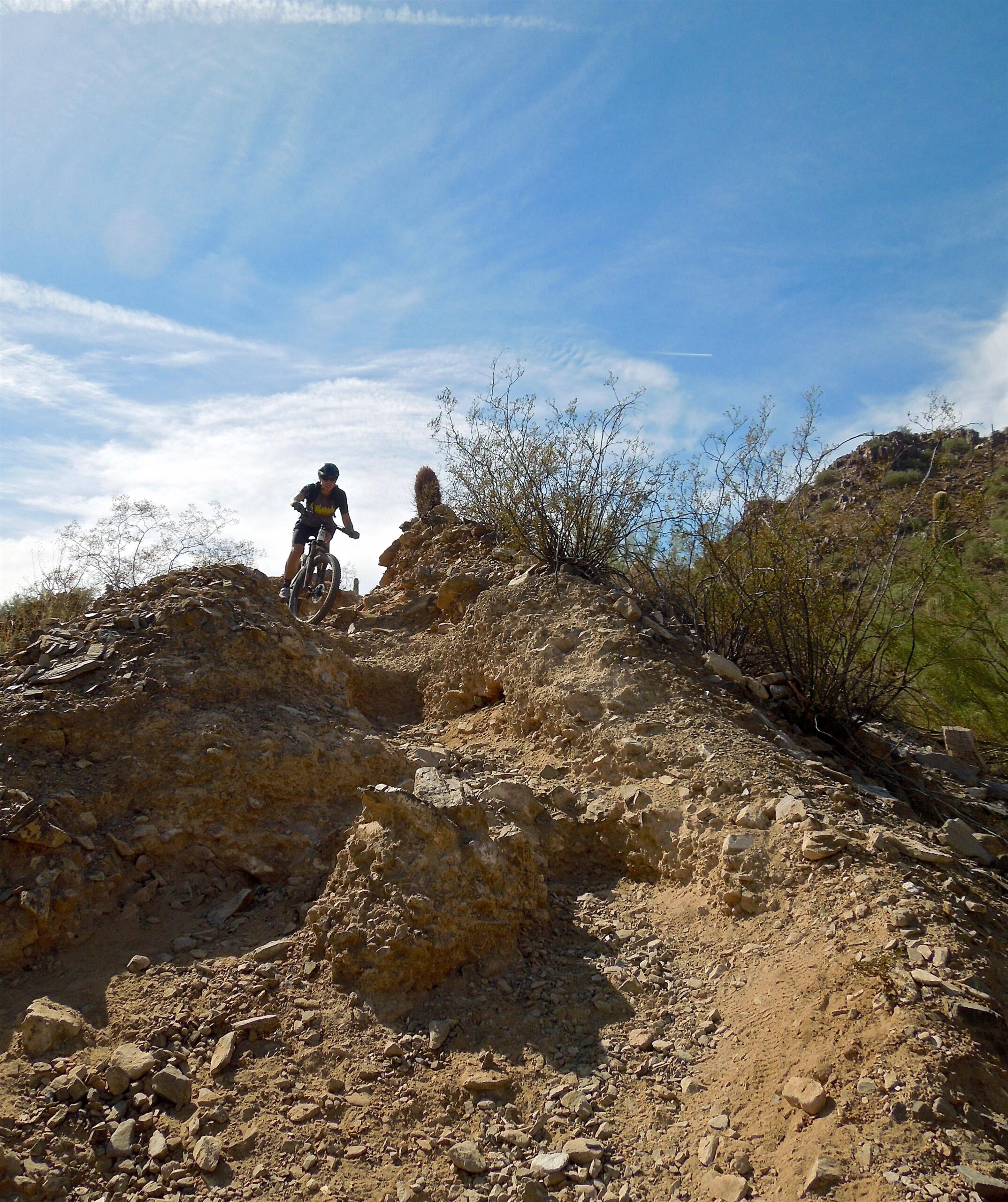 Pivot Mach 429: A person mountain biking down a rocky trail in a desert landscape under a blue sky with wispy clouds. The terrain is uneven and scattered with rocks and sparse vegetation.