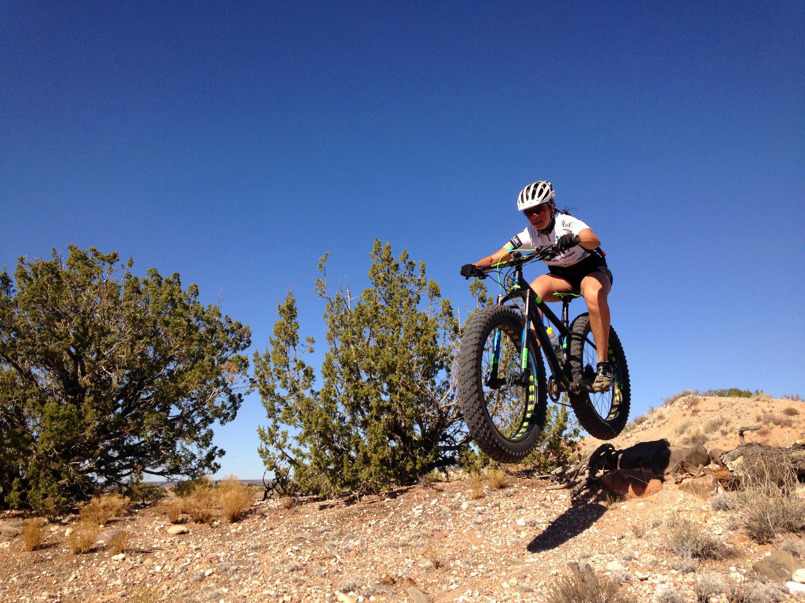 A person riding a fat tire mountain bike is airborne over rocky terrain, surrounded by sparse desert vegetation under a clear blue sky. The rider is wearing a helmet and a cycling jersey, showcasing an action shot of mountain biking. Mariposa Fat Bike Trails mountain bike trail.