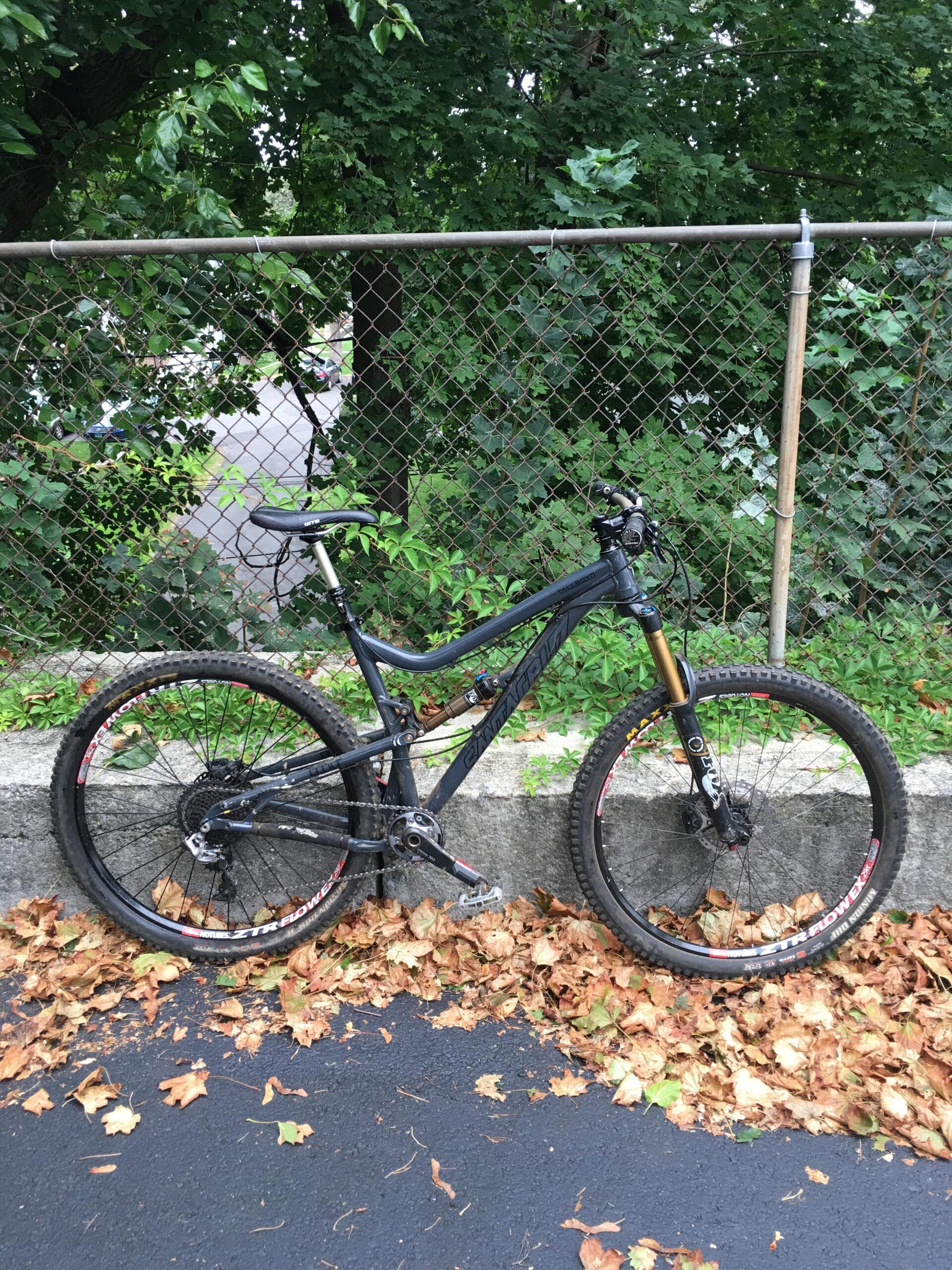 Santa Cruz Tallboy LT: A black mountain bike parked next to a chain-link fence surrounded by green foliage and fallen leaves. The bike features wide tires, a suspension fork, and a sleek frame design, resting on a dark paved surface.