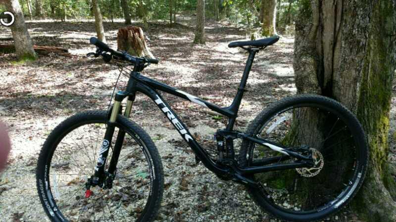 A black Trek mountain bike leaning against a tree in a wooded area, surrounded by fallen leaves and natural scenery. The bike features thick tires and a sturdy frame, suitable for off-road riding. Cedarville State Forest mountain bike trail.