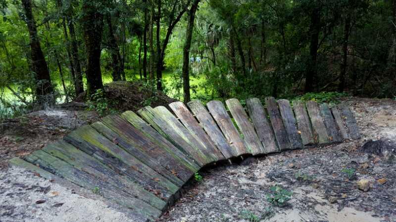 A curved wooden footbridge made of planks, surrounded by lush green trees and vegetation, leading to a tranquil body of water in the background. The ground is sandy, and the scene conveys a peaceful, natural setting. Alafia River State Park mountain bike trail.