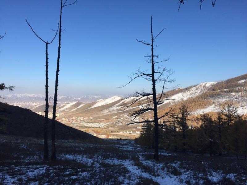 A scenic view of a mountainous landscape with bare trees in the foreground, reaching towards a clear blue sky. In the distance, rolling hills are partially covered in snow, revealing patches of greenery and residential buildings nestled in the valley below. Zaisan Chutes mountain bike trail.