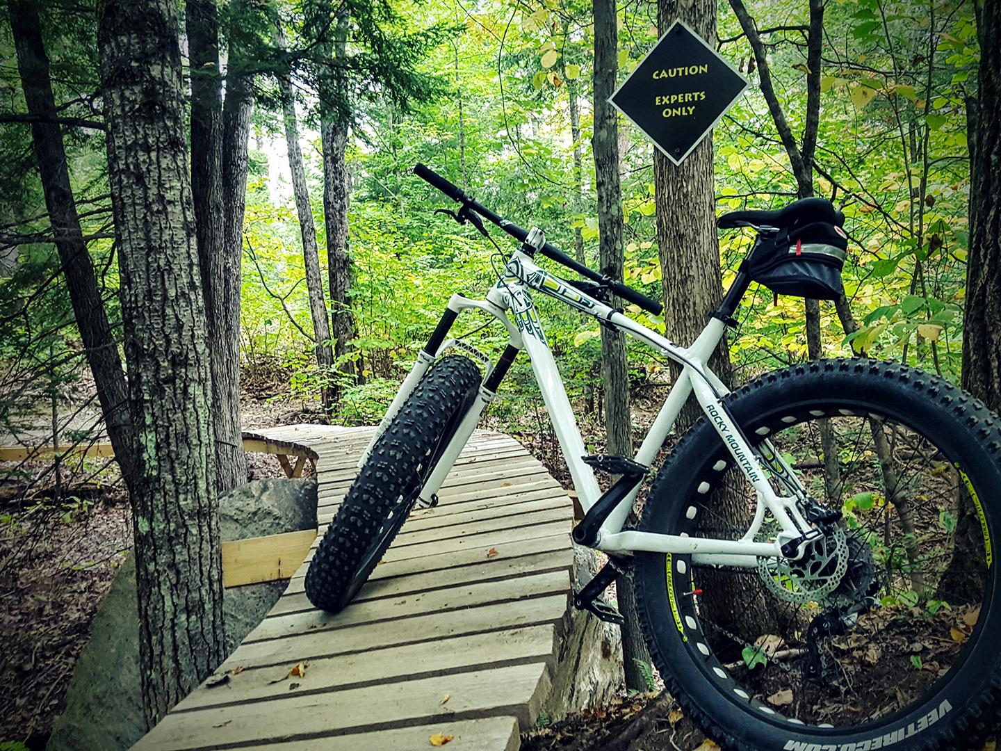 Rocky Mountain Blizzard: A mountain bike leaning against a wooden bridge in a forest, with a caution sign that reads "Experts Only" visible in the background. The scene is surrounded by lush green trees, indicating a natural outdoor setting.