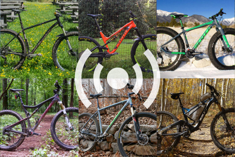 A collage of six different mountain bikes displayed in various outdoor settings, featuring diverse designs and colors. The bikes are positioned against backgrounds of meadows, forests, and snowy landscapes, showcasing their suitability for different terrains. A circular graphic with a wave symbol is overlaid in the center of the image.