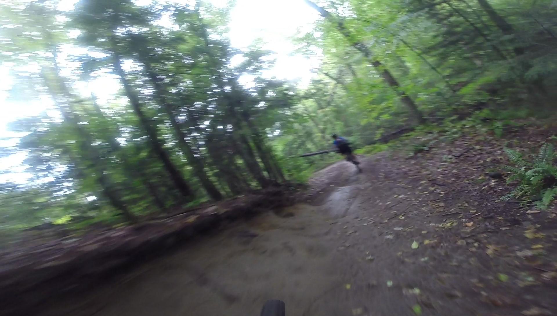 A blurred image of a person riding a mountain bike down a forest trail, surrounded by dense green trees and foliage. The ground is muddy, suggesting recent rainfall, and the scene conveys a sense of movement and adventure. Kingdom Trails mountain bike trail.