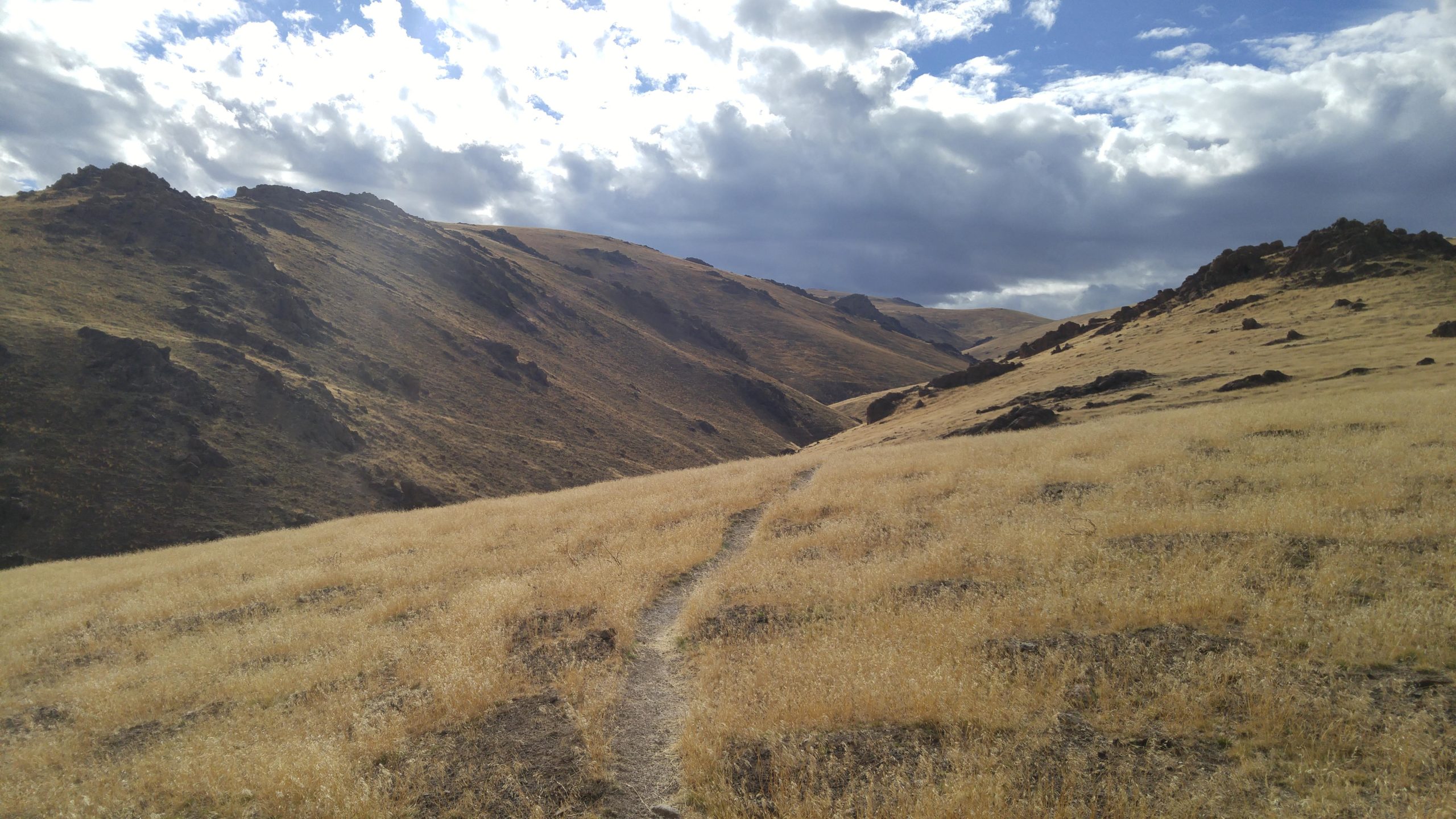 A vast, dry landscape with rolling hills, dotted with rocky outcrops and patches of yellow grass, under a partly cloudy sky. A narrow dirt path winds through the terrain, leading into the distance. The scene conveys a sense of openness and natural beauty. Wilson Creek Area mountain bike trail.