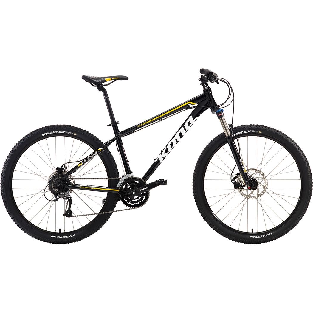 Kona Fire Mountain: Mountain bike with a black frame, yellow accents, and disc brakes, featuring knobby tires for off-road terrain.