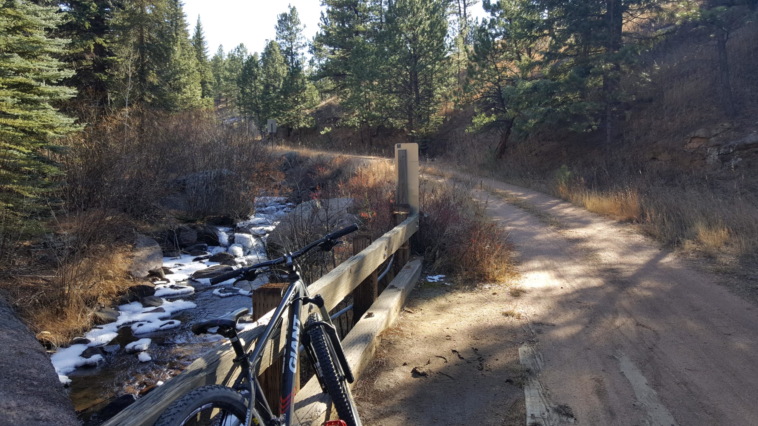 A mountain bike rests against a wooden railing beside a small stream, with rocky edges and patches of snow. A dirt path leads through a forested area filled with pine trees and sparse underbrush, with sunlight filtering through the branches. Buffalo Creek mountain bike trail.