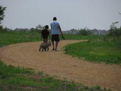 A person and a child walking a dog along a winding gravel path surrounded by green grass and trees. The scene conveys a peaceful outdoor setting. Tribute Shoreline Trail mountain bike trail.