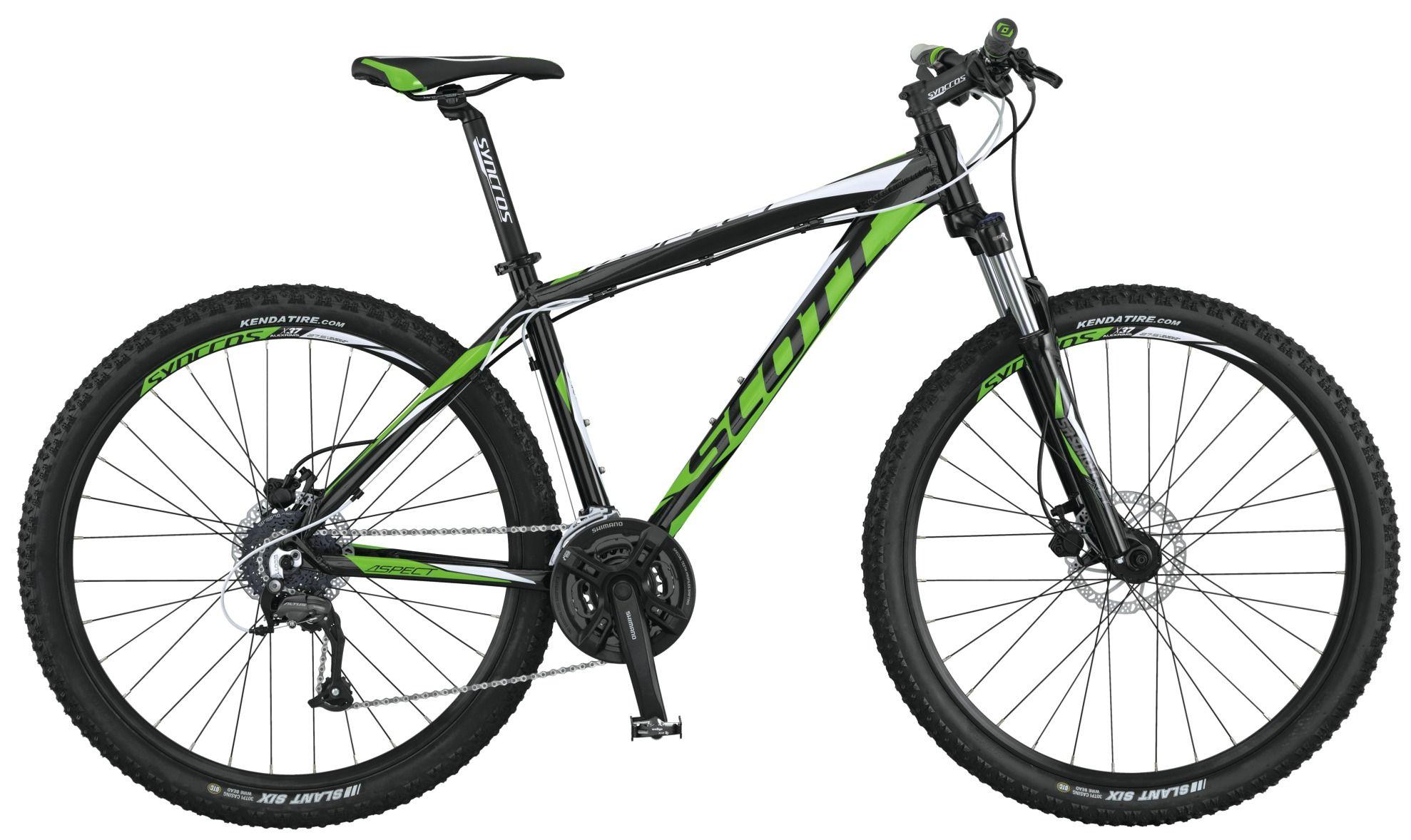 Scott Aspect Trail 29er: A mountain bike with a black and green frame, featuring wide tires with a rugged tread pattern, disc brakes, and a Shimano drivetrain. The bike shows a sporty design with branding clearly visible on both the frame and tires. The seat is adjustable, and the handlebars are equipped with basic controls.
