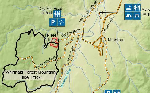 Map showing the Whirinaki Forest Mountain Bike Track, including surrounding roads, landmarks, and parking areas. The H-Tree Track is highlighted in red. Whirinaki Forest Mountain Bike Track mountain bike trail.