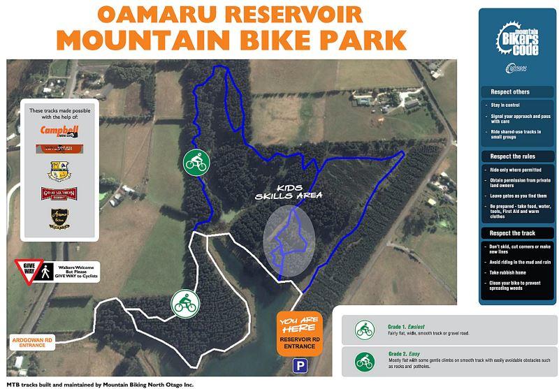 Map of Oamaru Reservoir Mountain Bike Park, featuring mountain biking trails designated in blue, a kids
