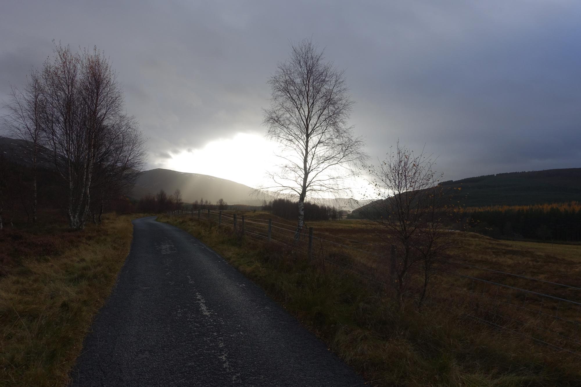 A winding road bordered by grass and sparse trees, leading through a rural landscape. In the background, dark clouds loom over distant hills, while sunlight breaks through at the horizon, creating a dramatic contrast between light and shadow. The scene captures a tranquil yet moody atmosphere typical of early evening or late autumn. River Feshie Trail mountain bike trail.