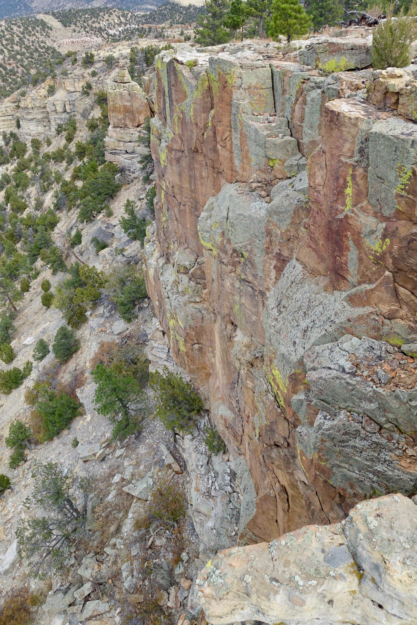 A rocky cliff edge with multi-colored geological formations, overlooking a rugged landscape dotted with sparse vegetation and small trees. The scene captures a dramatic view of the cliff's steep drop-off and the rocky terrain below, showcasing natural textures and colors. Oil Well Flats mountain bike trail.