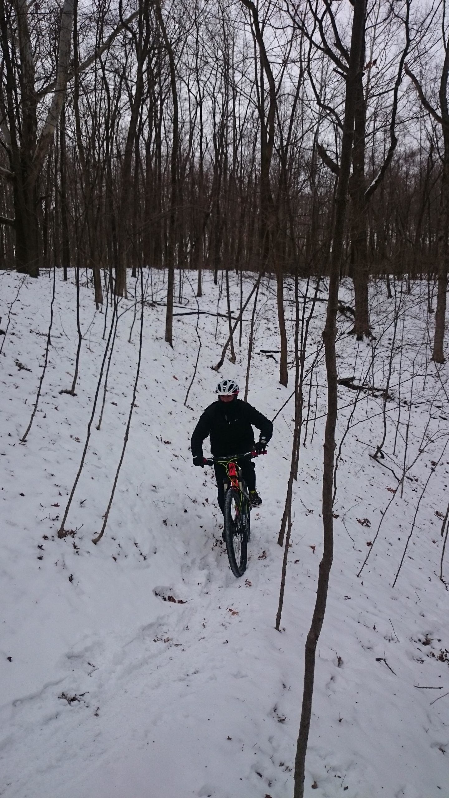 A mountain biker riding along a snowy trail in a wooded area, surrounded by bare trees and a path marked by tire tracks in the snow. The biker is wearing a helmet and a black jacket, navigating through the winter landscape. Alum Creek Phase I mountain bike trail.