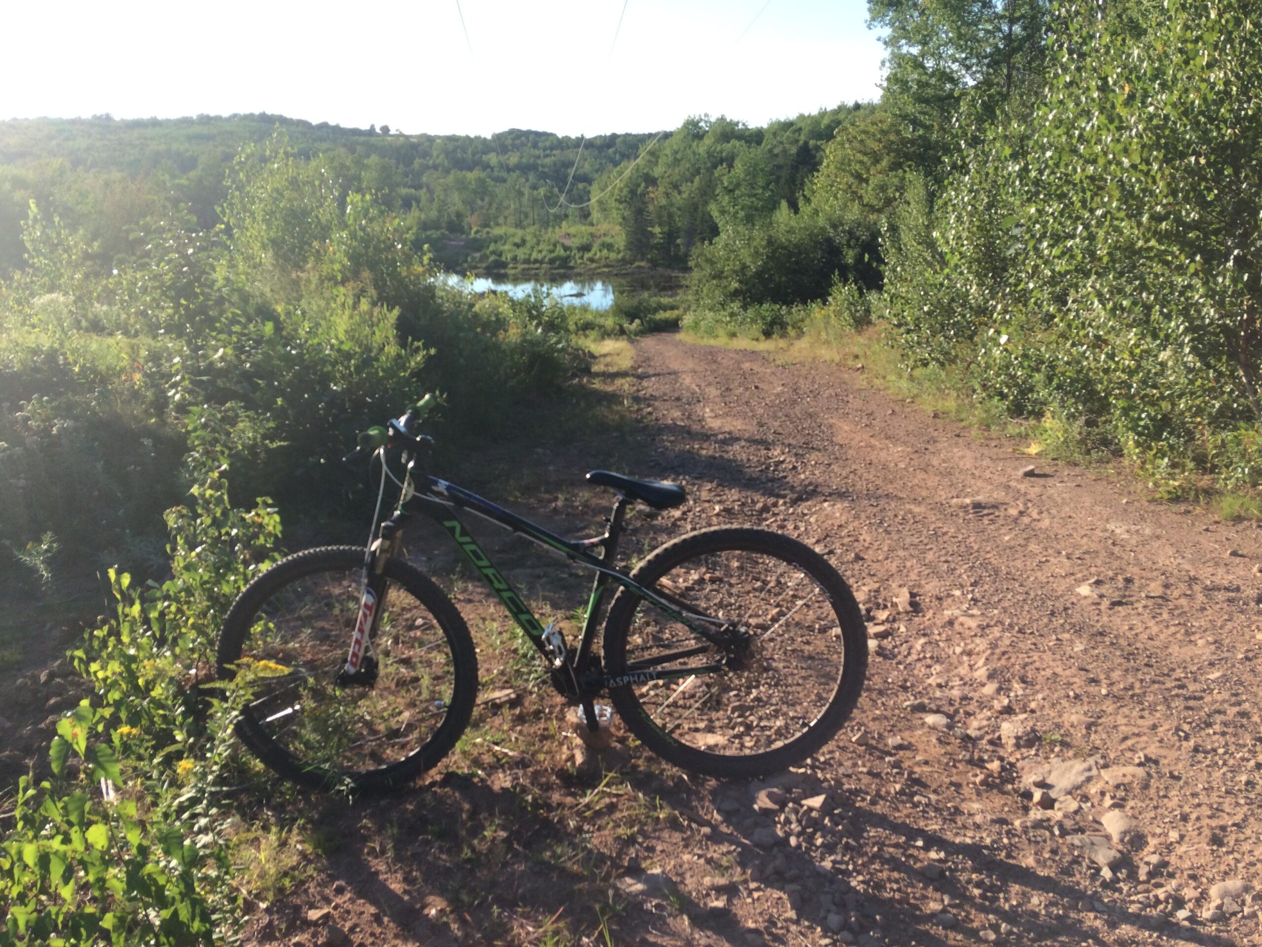 Norco Storm: A mountain bike leaning against a rocky path surrounded by lush greenery, with a glimpse of a calm body of water in the background under a clear blue sky. The scene is bathed in warm sunlight, suggesting a peaceful outdoor environment suitable for cycling.
