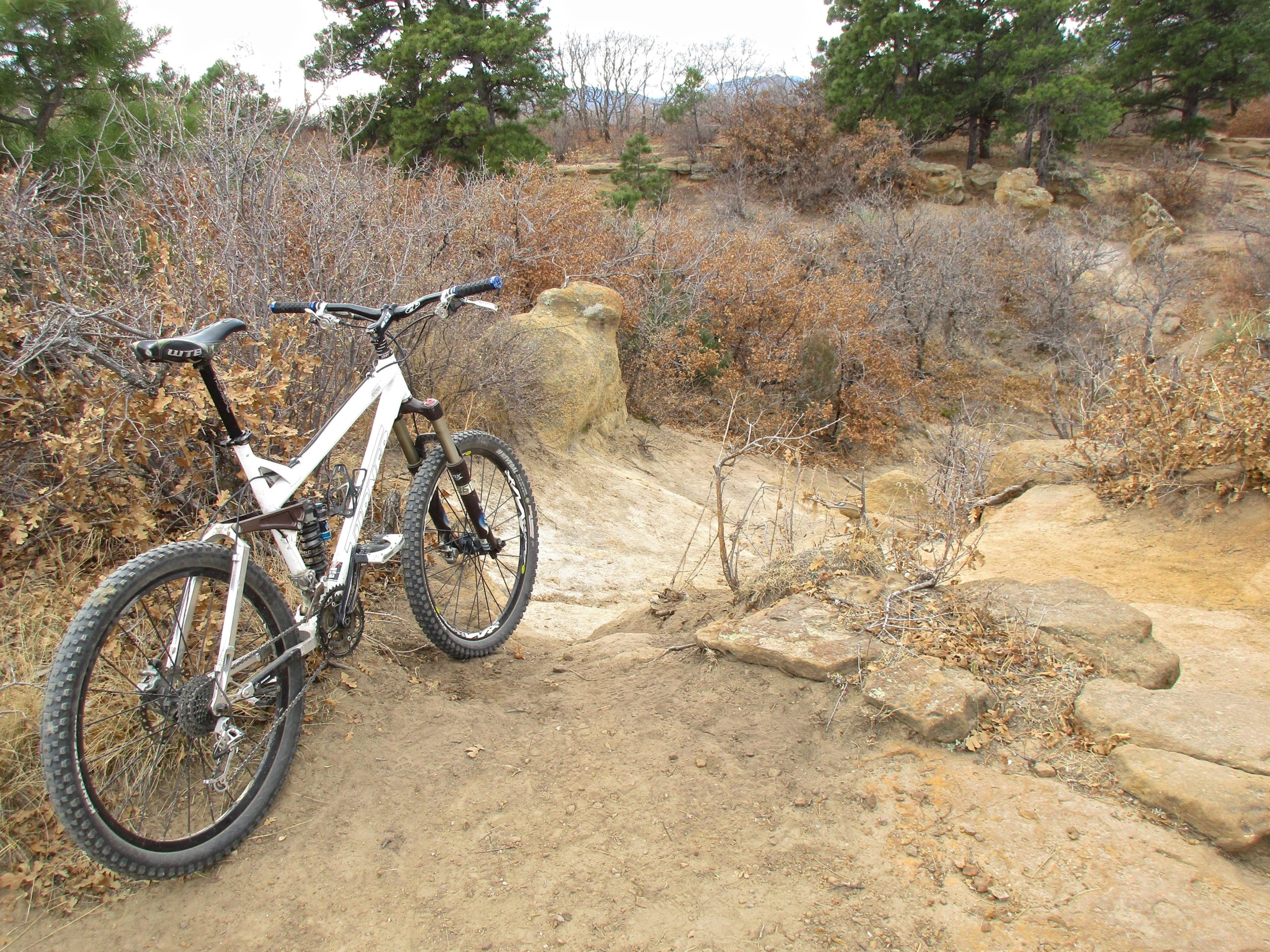 A mountain bike parked on a dirt trail surrounded by dry, brown vegetation and rocky terrain, with trees in the background. The scene is set in an outdoor area, ideal for biking activities. Palmer Park mountain bike trail.