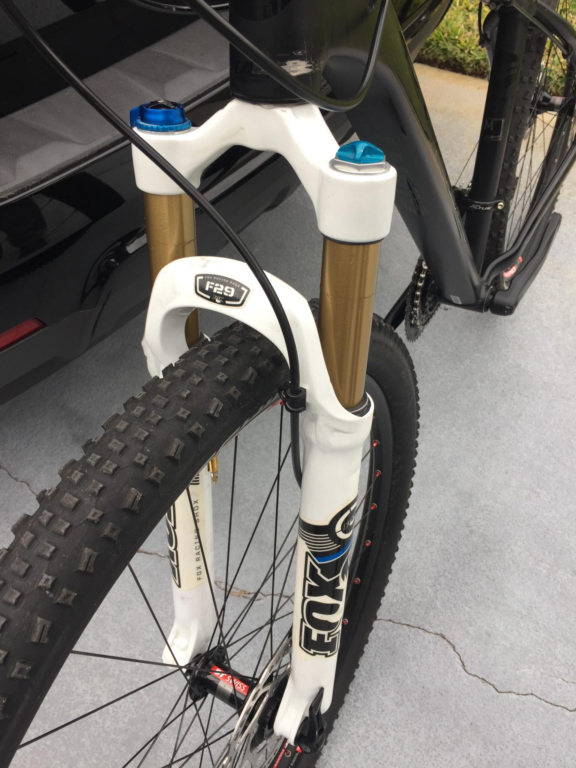 Giant Talon 29er: Mountain bike front fork with white and gold components, featuring a thick tire and visible suspension adjustments. The background shows part of a vehicle and a green area.