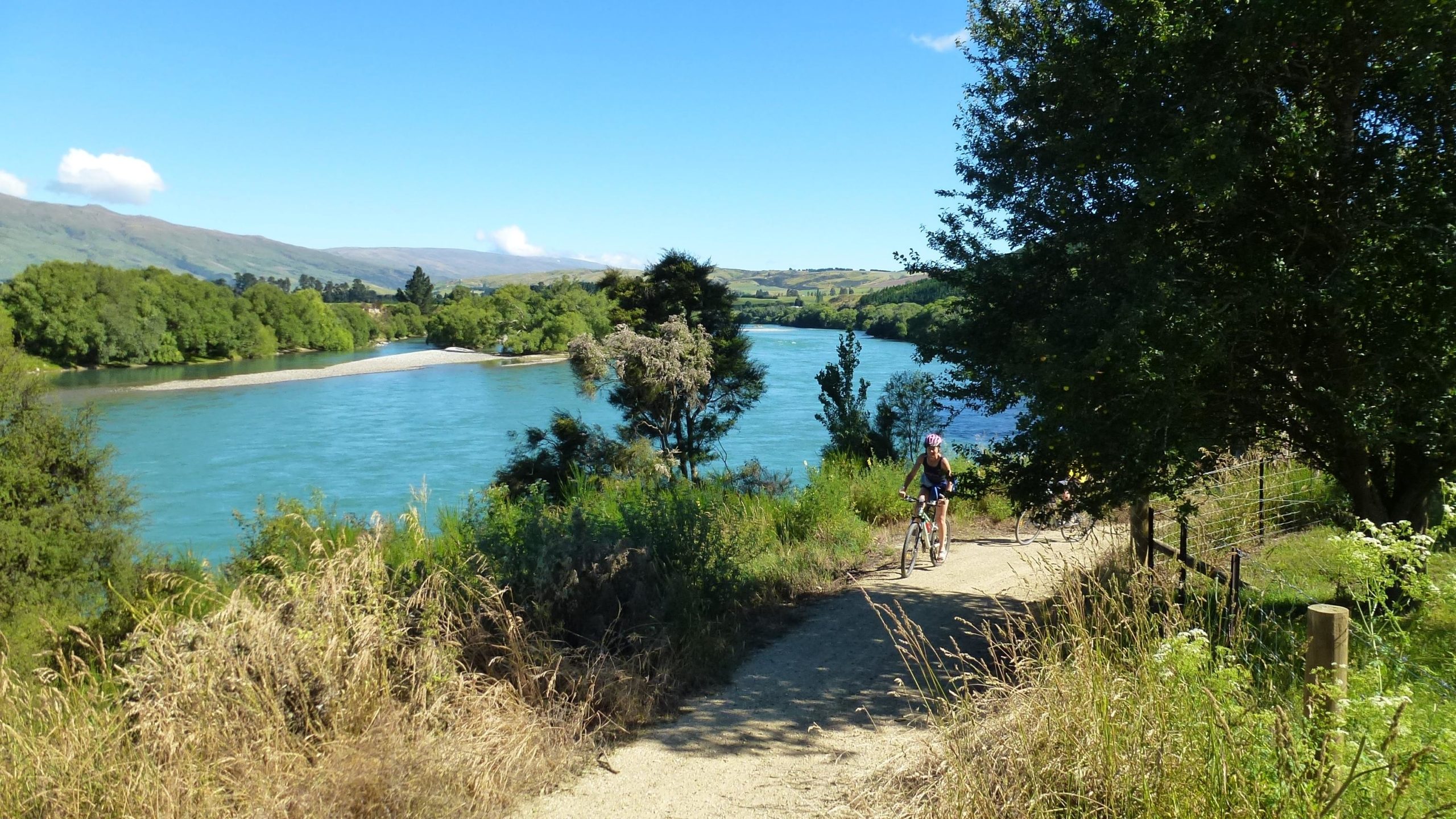 A scenic view of a river surrounded by lush greenery and mountains in the background. A cyclist rides along a gravel path beside the river, enjoying the bright blue sky and sunny weather. The landscape features a mix of trees, grass, and a clear waterway, creating a peaceful outdoor setting. Clutha Gold Trail mountain bike trail.