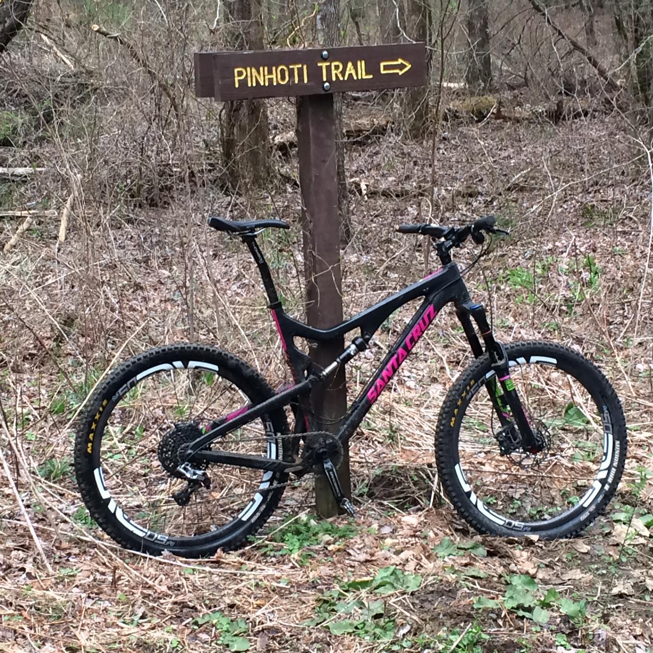 Santa Cruz Bronson: A mountain bike leaning against a wooden sign that reads "PINHOTI TRAIL" with an arrow pointing to the right. The surrounding area is forested with bare trees and dry leaves on the ground, indicating a natural outdoor setting.