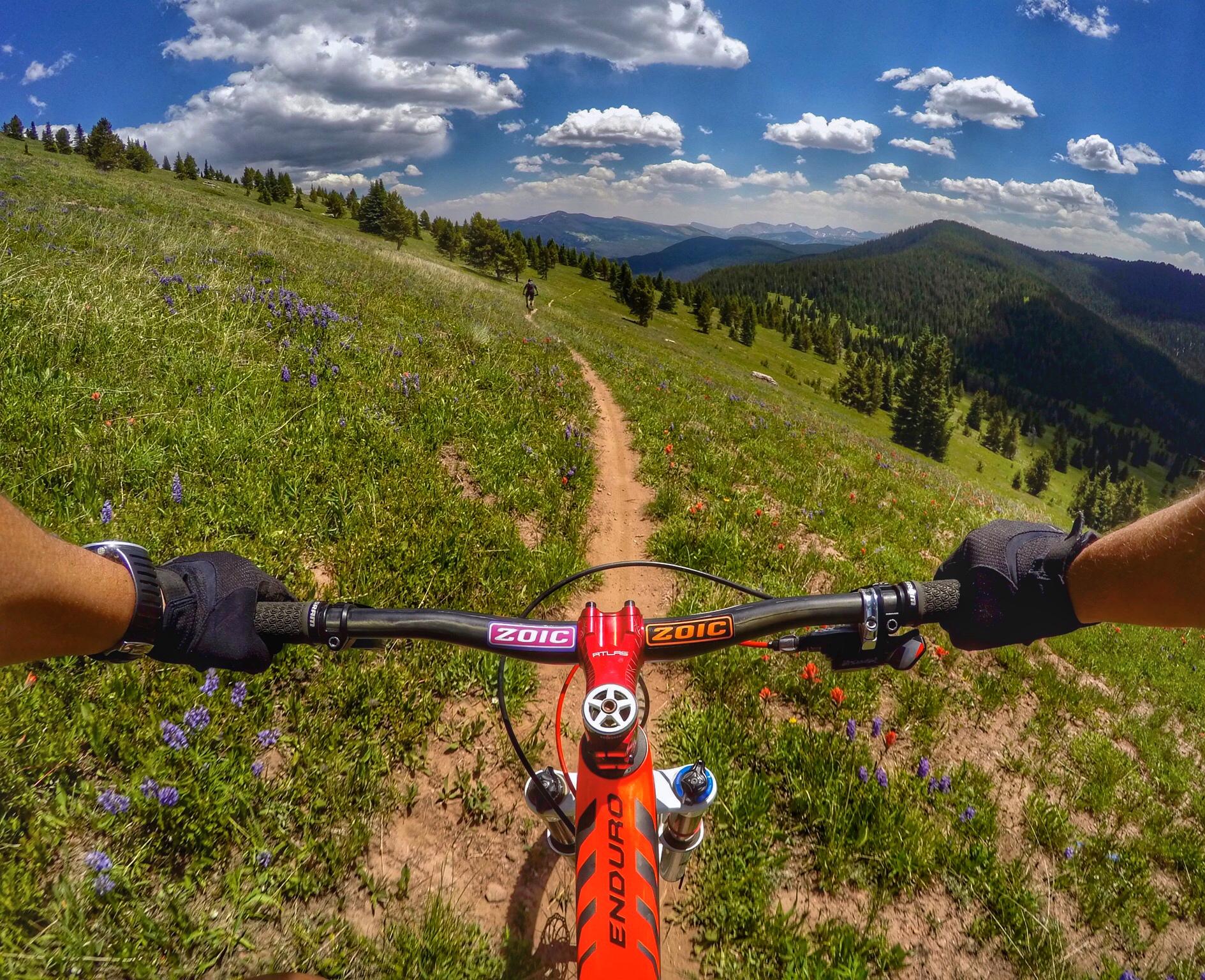 A scenic view from the handlebars of a mountain bike, showing a dirt trail winding through a lush, green landscape dotted with colorful wildflowers. In the distance, rolling hills and mountains are visible under a partly cloudy blue sky. A fellow biker can be seen riding on the trail ahead. Vail Mountain Bike Park mountain bike trail.