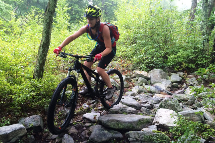 A person riding a mountain bike over a rocky trail in a lush, green forest. The cyclist is wearing a helmet and gloves, focused on navigating the uneven terrain surrounded by dense foliage and trees.