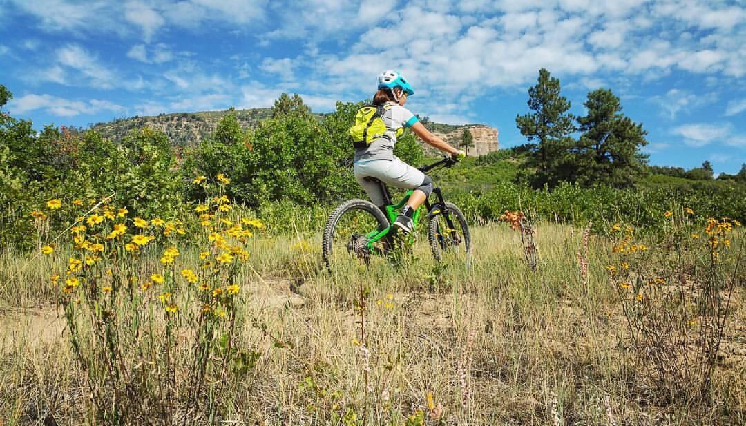 A person riding a mountain bike on a dirt trail surrounded by wildflowers and greenery, with a rocky hillside and blue sky in the background. Twin Buttes mountain bike trail.