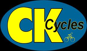 Logo for CK Cycles, featuring the letters "CK" in bold yellow against a blue oval background, with the word "Cycles" in green and a small bicycle icon.