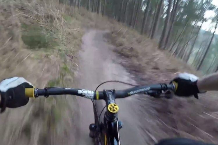 A view from the handlebars of a mountain bike navigating a dirt trail surrounded by trees, showcasing the speed and motion of riding through a forested area.