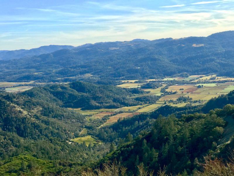 A panoramic view of rolling hills and valleys covered in greenery, with patches of farmland and vineyards below against a backdrop of distant mountains under a clear blue sky. Oat Hill Road mountain bike trail.