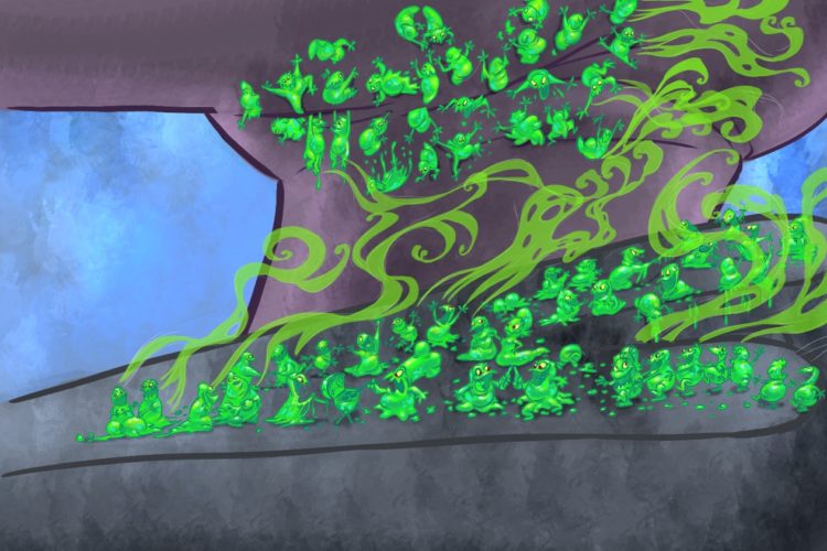 An illustration featuring a vibrant, green, gooey mass of small, cartoonish creatures, resembling frogs or slime monsters, gathered on a dark surface. The background displays a blue sky and hints of clouds, creating a whimsical scene filled with playful movement and vibrant colors.