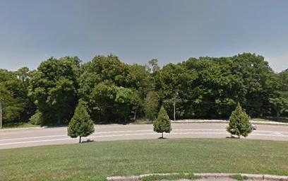 A view of a green landscape featuring a curved road lined with trees. The background shows dense foliage, while the foreground has a grassy area with two small evergreen trees. The sky is clear and bright. Bigelow Trail mountain bike trail.