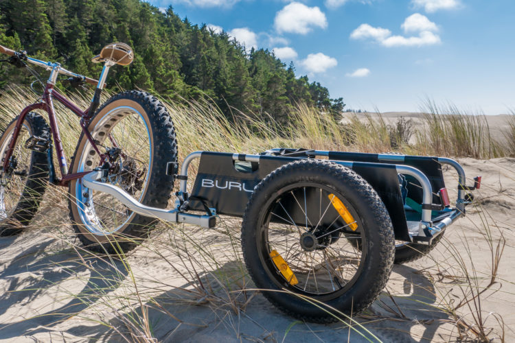 A fat tire bike with a bike trailer attached, parked in a sandy area with tall grass and trees in the background. The trailer features large wheels and a black cargo area. Bright blue skies with a few clouds are visible overhead.