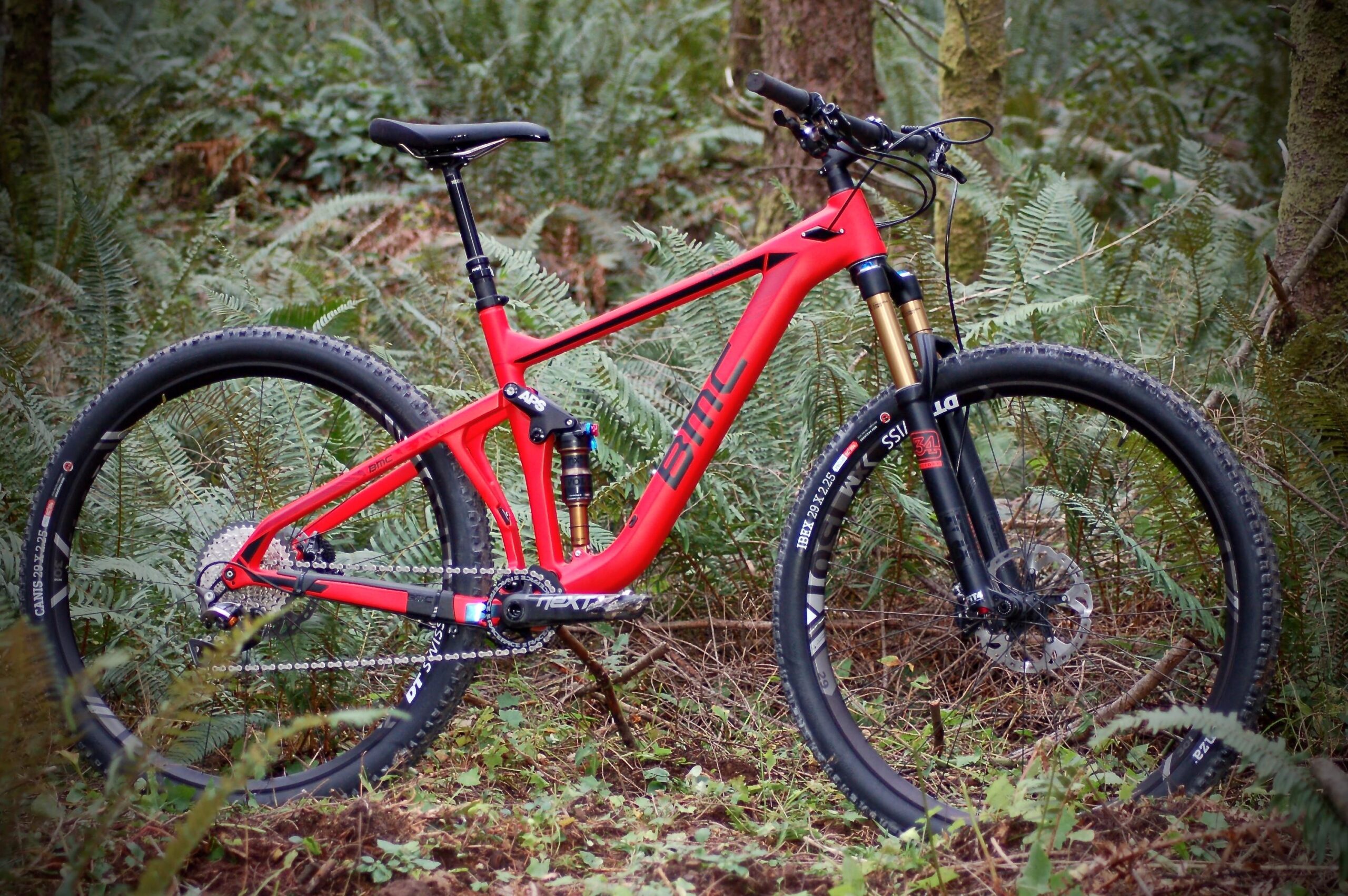 BMC Speedfox 01: A bright red mountain bike placed on a forest floor surrounded by green ferns and underbrush. The bike features robust tires and a suspension fork, showcasing its design for off-road cycling.