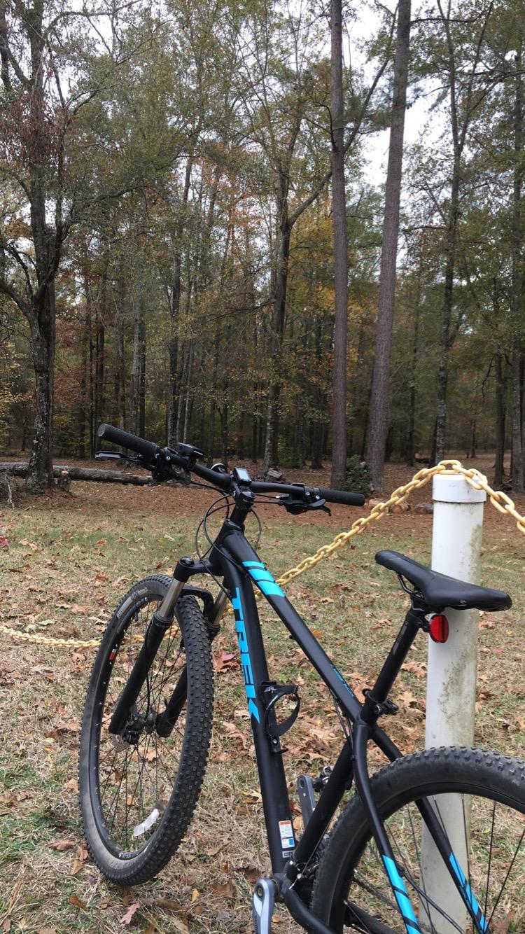 Trek Xcaliber 7: Alt text: A black mountain bike with blue accents is leaning against a white post, next to a chain, in a wooded area with trees displaying autumn foliage. The ground is covered in fallen leaves.