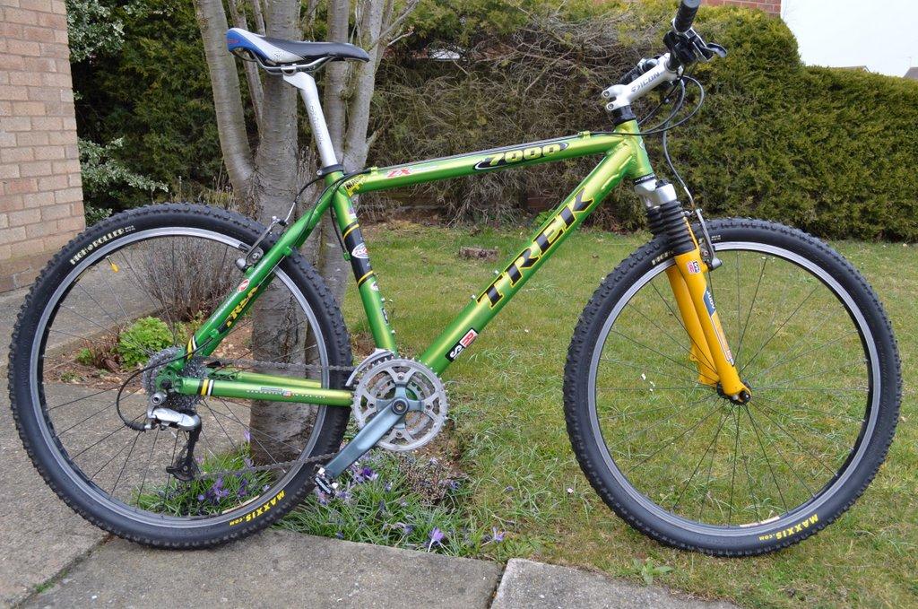 Trek 8000: A green Trek mountain bike is parked on a grassy area next to a tree. The bike features a suspension fork, prominent tires, and a mix of yellow and black accents. Behind it, there are some low shrubs and a brick wall.