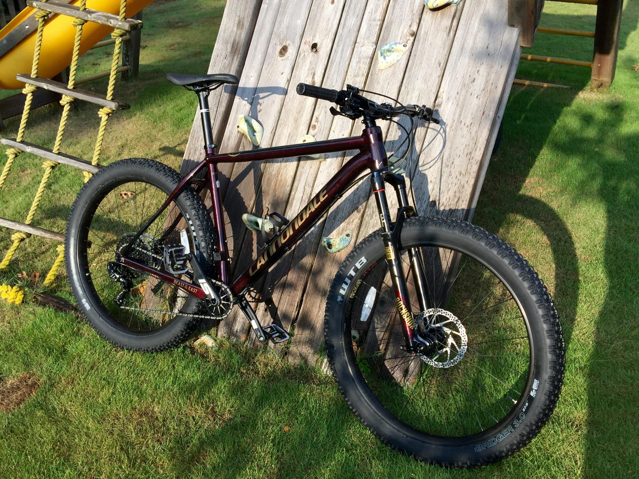 Cannondale Beast of the East: A maroon Cannondale mountain bike leaning against a wooden playground structure, partially covered in green grass. The bike features wide tires designed for rough terrain and is positioned near a yellow slide and climbing ropes.