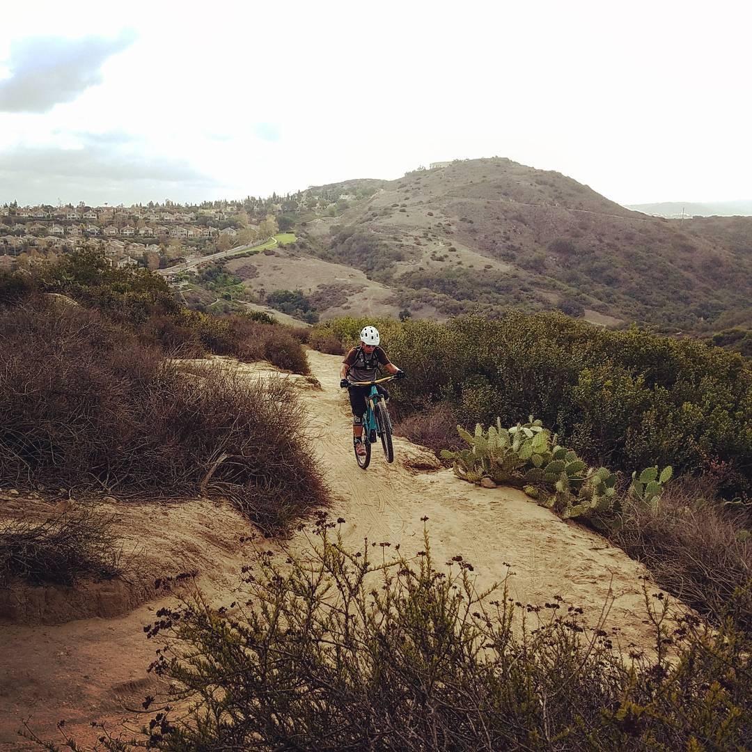 A young person riding a mountain bike down a dirt trail in a hilly landscape. The cyclist is airborne, performing a jump. Surrounding the trail are bushes and cacti, with a scenic view of rolling hills and houses in the distance under a partly cloudy sky. Aliso and Wood Canyons Wilderness Park mountain bike trail.