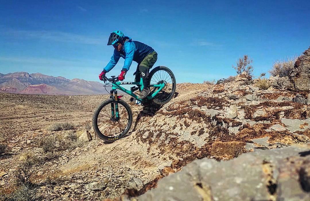A mountain biker navigating rocky terrain with a backdrop of distant mountains under a clear blue sky. The rider is wearing a helmet and protective gear, showcasing a dynamic pose while descending from a rocky ledge. Sparse vegetation and arid landscape are visible in the foreground. Legalize it mountain bike trail.