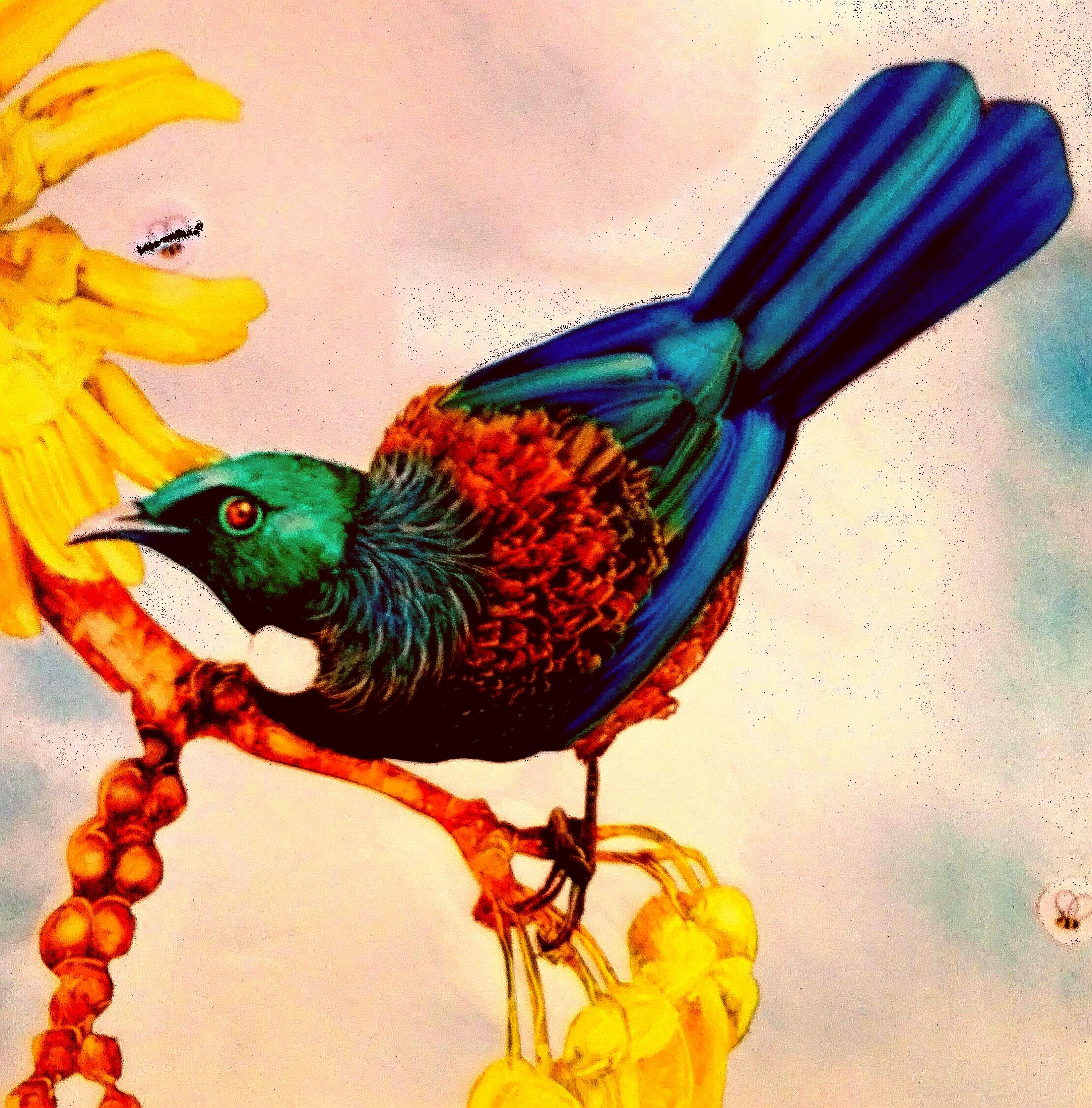 A vibrant illustration of a bird perched on a branch with yellow flowers, showcasing its striking blue and green plumage, along with hints of brown and white. The background features soft, pastel colors, enhancing the bird