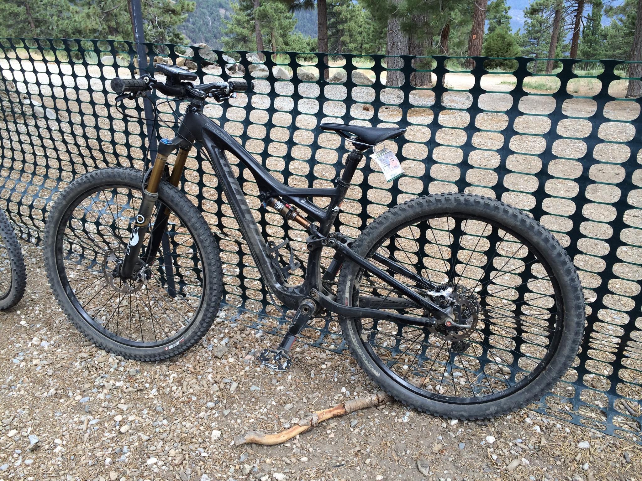 Specialized Stumpjumper: A mountain bike leaning against a black perforated fence in a natural outdoor setting, with trees and a dirt pathway in the background. The bike features a black frame, thick tires, and suspension forks.