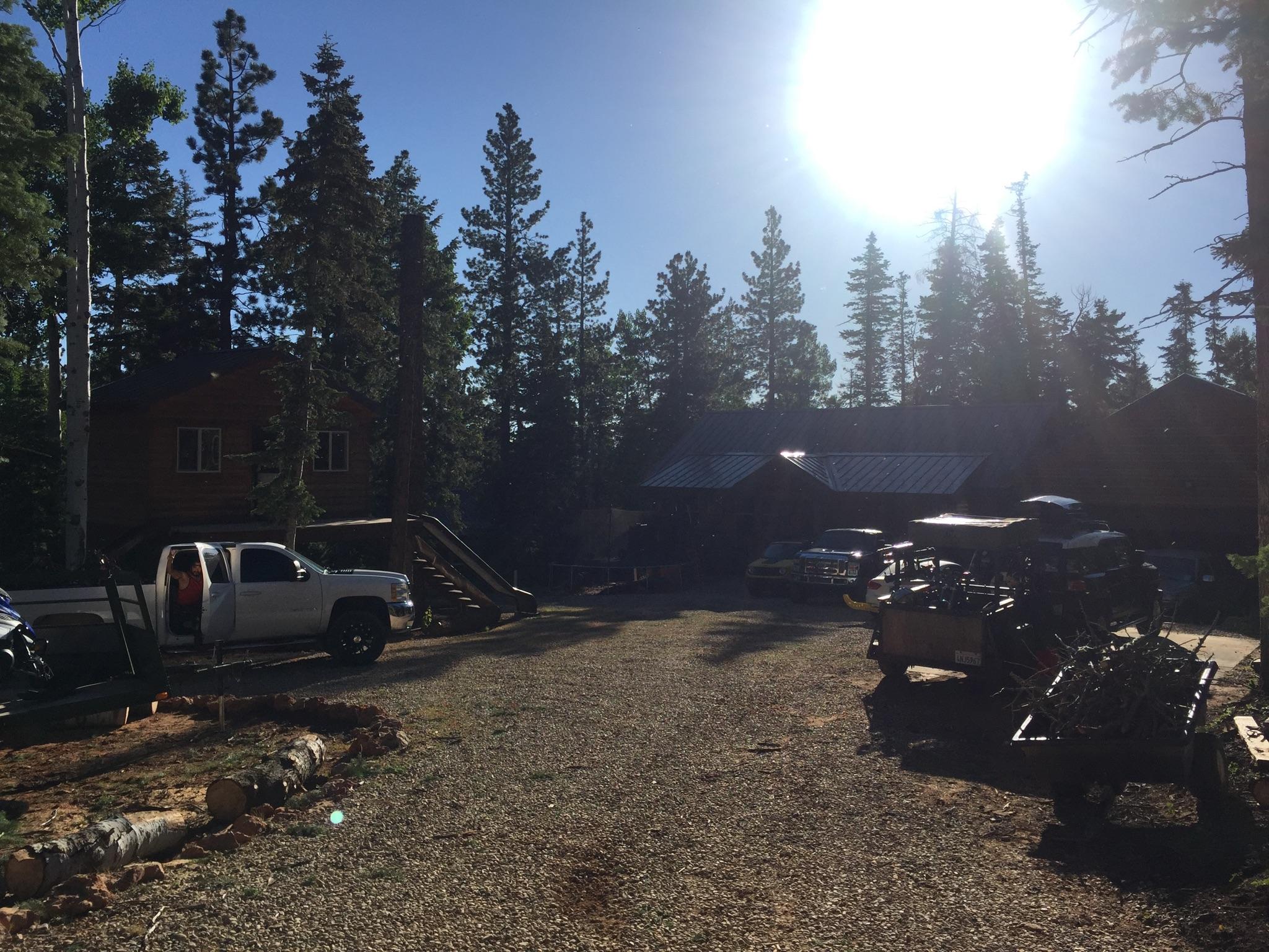 Specialized Stumpjumper: A gravel driveway leading to a rustic cabin surrounded by tall pine trees. A white pickup truck is parked at the front, with its door open. There are several vehicles visible, including a snowmobile on a trailer and an off-road vehicle. The sun shines brightly in the sky, casting a warm glow over the scene.