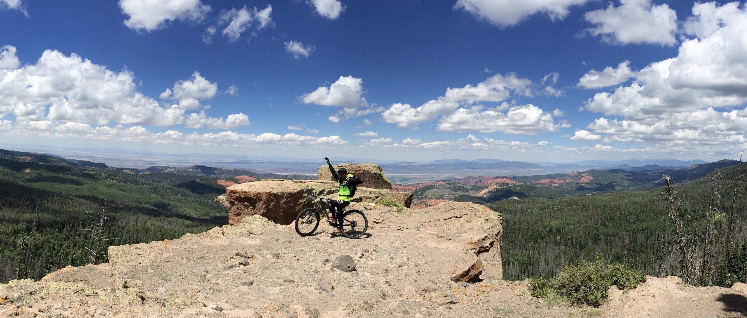 Specialized Stumpjumper: A mountain biker wearing a green and black outfit is standing on a rocky ledge, posing with one arm raised in a scenic mountainous landscape. The background features rolling hills covered in trees, with a blue sky dotted with fluffy white clouds. The view stretches into the distance, showcasing a mix of green forests and reddish outcroppings.