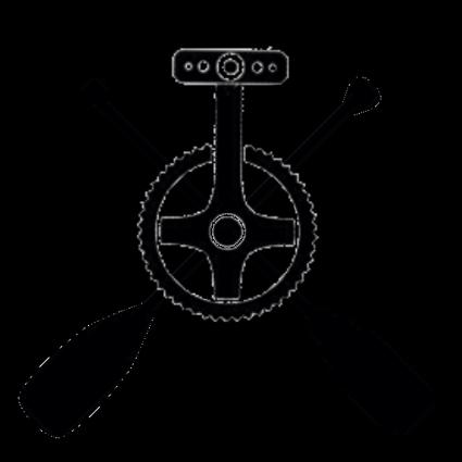 A stylized graphic featuring a bicycle gear at the center, flanked by two crossed kayak paddles, against a black background.