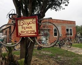 A vintage bicycle hangs on a tree, alongside a sign that reads "Bicycle Repair" with a phone number, in front of a brick building. Several bicycles are visible in the background, enhancing the outdoor setting of the repair shop.