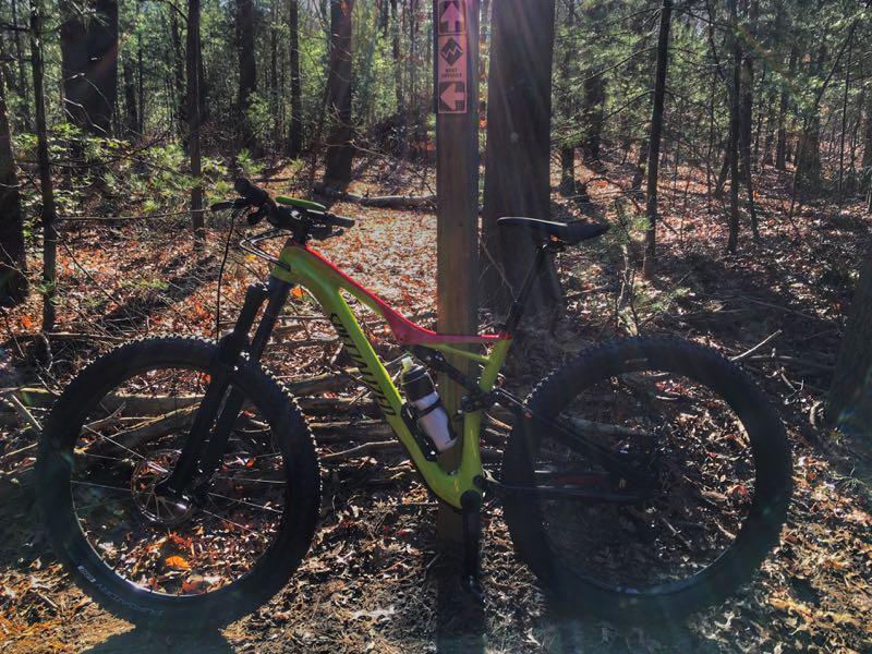 A brightly colored mountain bike is leaning against a wooden trail marker in a wooded area. The ground is covered with fallen leaves, and sunlight filters through the trees, creating a dappled light effect. The trail marker displays directional signs for bikers. Meadowlark Park mountain bike trail.