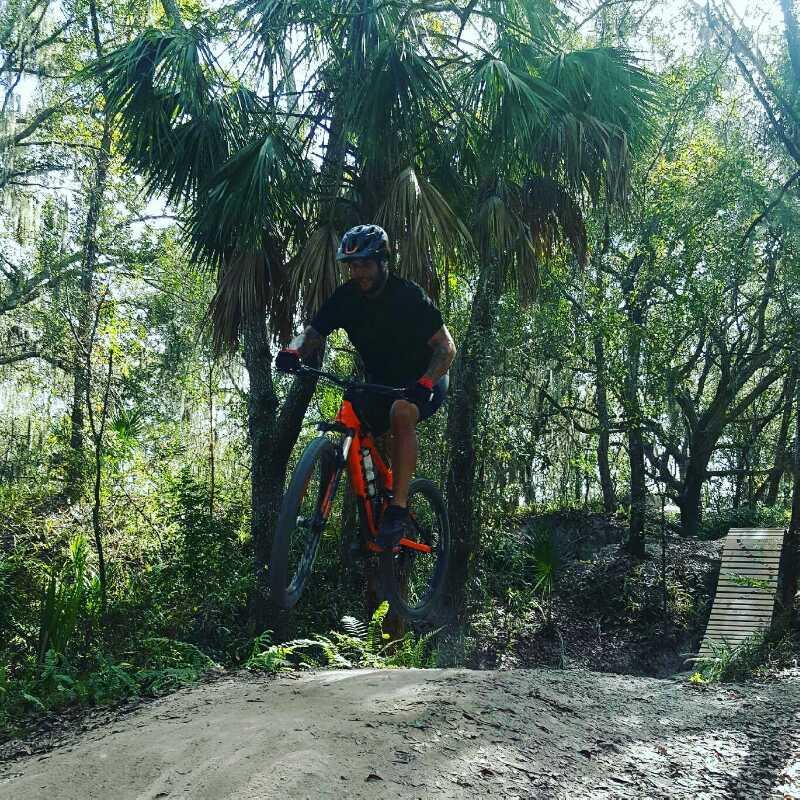 A cyclist in a black shirt and helmet performs a jump on a vibrant orange mountain bike. Surrounded by lush greenery, including palm trees, the scene captures a moment of action on a dirt trail with a jump ramp in a natural setting. Alafia River State Park mountain bike trail.